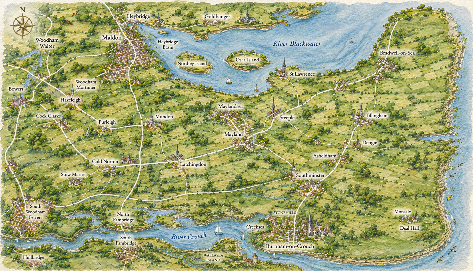 Illustrated map of the Dengie Peninsula, Essex